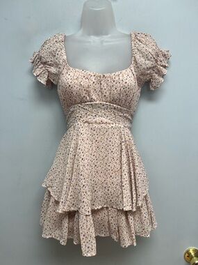 Blue Rain Floral Mini Romper Puff Sleeve Cottagecore Ruffle Tiered Size Small